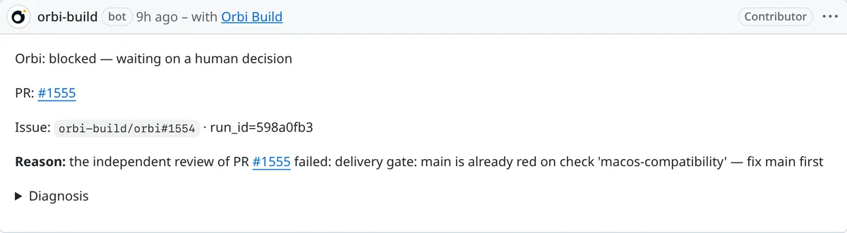 Orbi's blocked comment on orbi#1554: Orbi blocked, waiting on a human decision. Reason: the independent review of PR #1555 failed: delivery gate: main is already red on check macos-compatibility, fix main first.