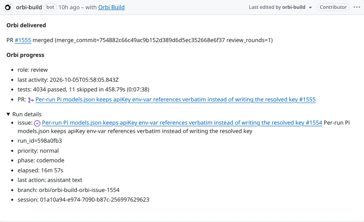 Orbi's progress comment on orbi#1554: PR #1555 merged with review_rounds=1; role: review; tests: 4034 passed, 11 skipped in 7 minutes 38 seconds; run details with run_id 598a0fb3, phase codemode, elapsed 16m 57s, the branch name and the Pi session id.