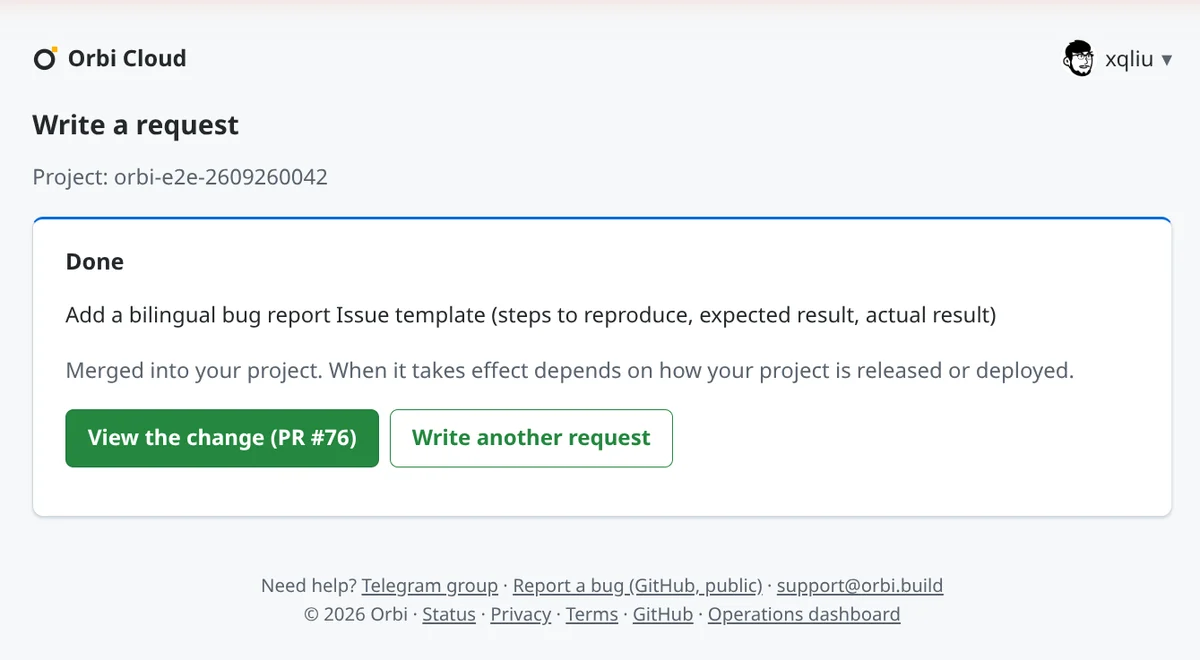 Done. Add a bilingual bug report Issue template. Merged into your project. When it takes effect depends on how your project is released or deployed. Buttons: View the change (PR #76) and Write another request.