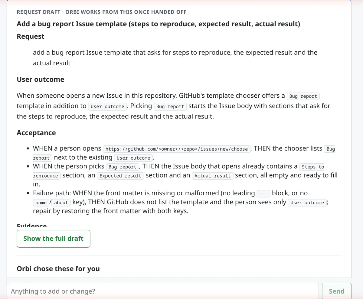 The request draft card: title Add a bug report Issue template, then Request, User outcome and Acceptance sections. The acceptance list has three WHEN / THEN items, the last a failure path: when the front matter is missing or malformed, GitHub does not list the template.