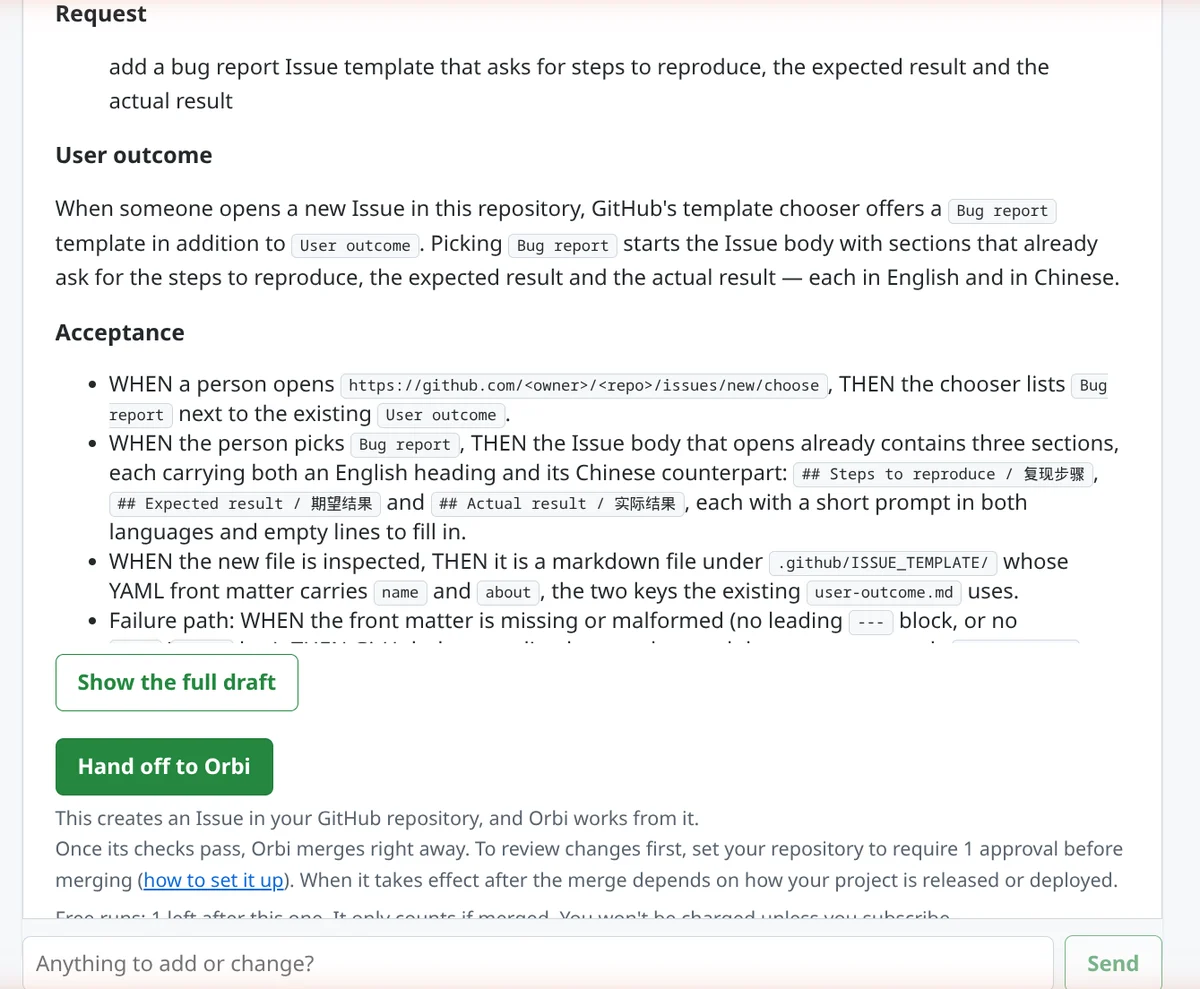 The rewritten draft now asks for headings in English and Chinese. Under the Hand off to Orbi button: This creates an Issue in your GitHub repository, and Orbi works from it. Once its checks pass, Orbi merges right away. To review changes first, set your repository to require 1 approval before merging (how to set it up).