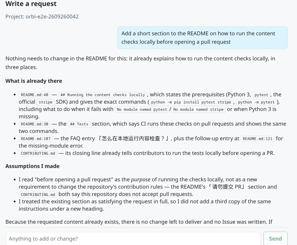 Orbi's reply: Nothing needs to change in the README for this: it already explains how to run the content checks locally, in three places. A list under What is already there cites README.md:40, README.md:30, README.md:107 and CONTRIBUTING.md.