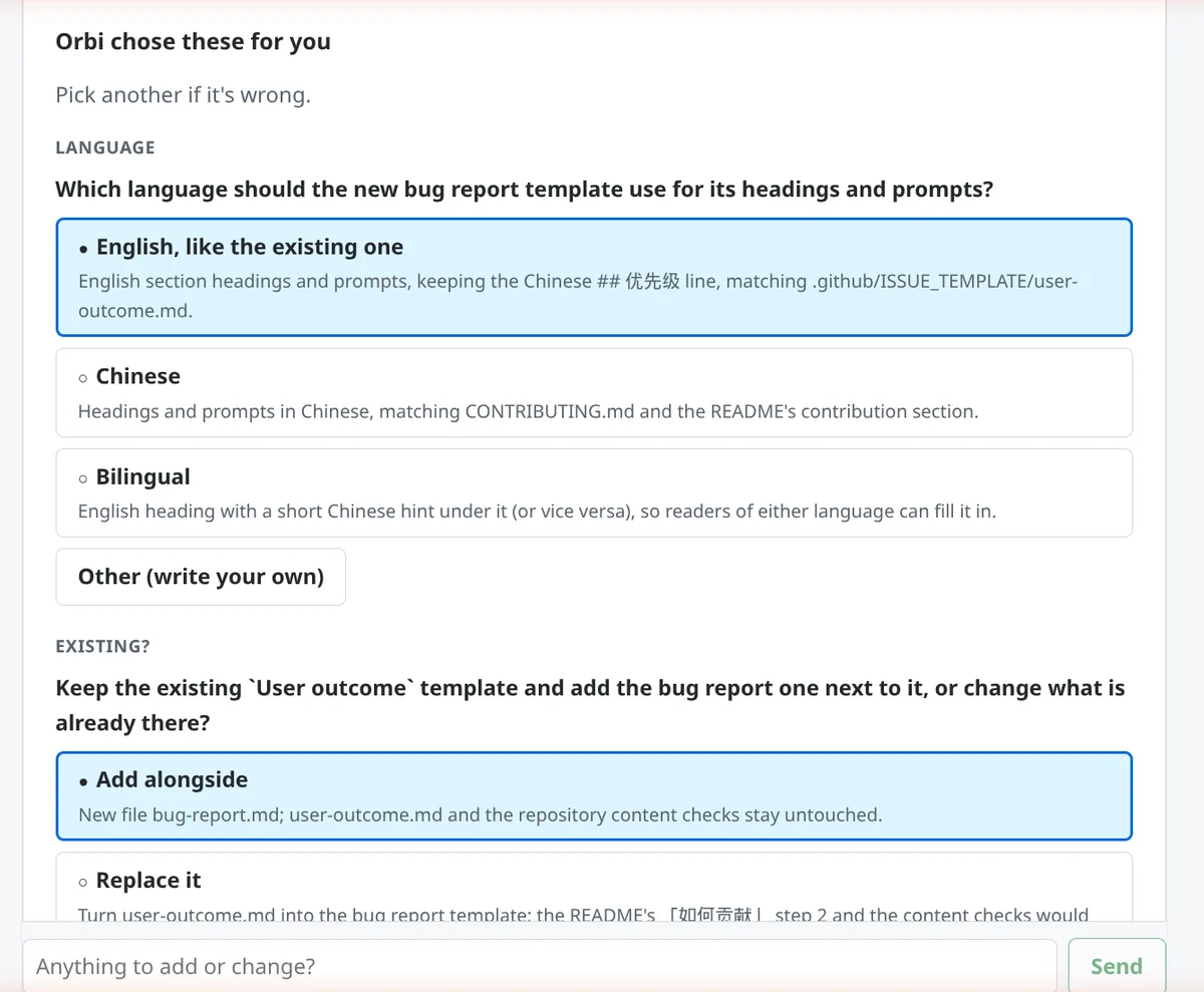 Orbi chose these for you. Question: Which language should the new bug report template use for its headings and prompts? English, like the existing one, is selected; Chinese and Bilingual are the other options, plus Other (write your own). A second question asks whether to keep the existing template and add the new one alongside.