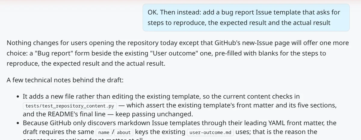 Orbi's reply to the bug report request. First sentence: GitHub's new-Issue page will offer a Bug report form beside the existing User outcome one. Below it, the first technical notes behind the draft.