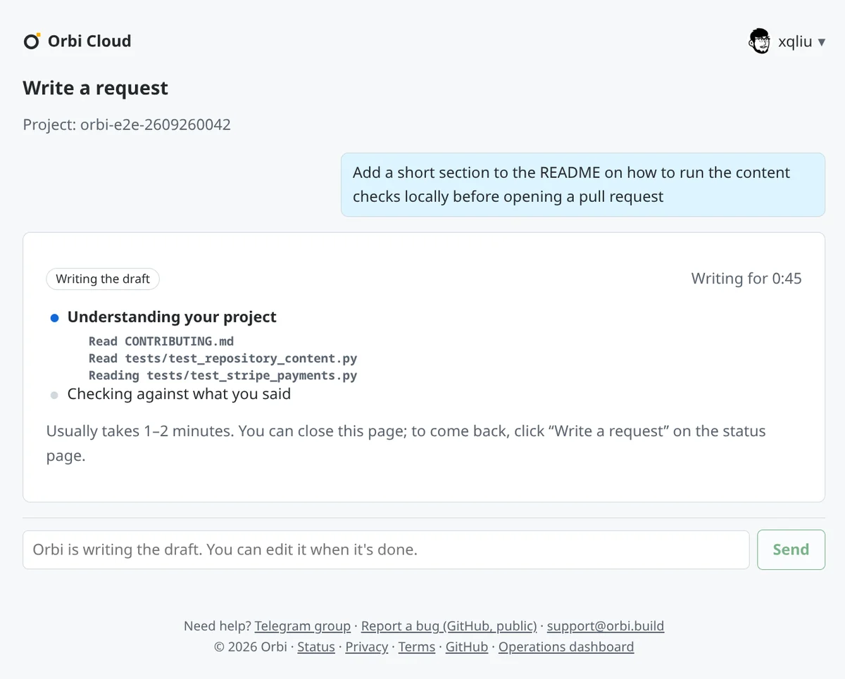 Writing the draft, 0:45 elapsed. Under Understanding your project: Read CONTRIBUTING.md, Read tests/test_repository_content.py, Reading tests/test_stripe_payments.py.