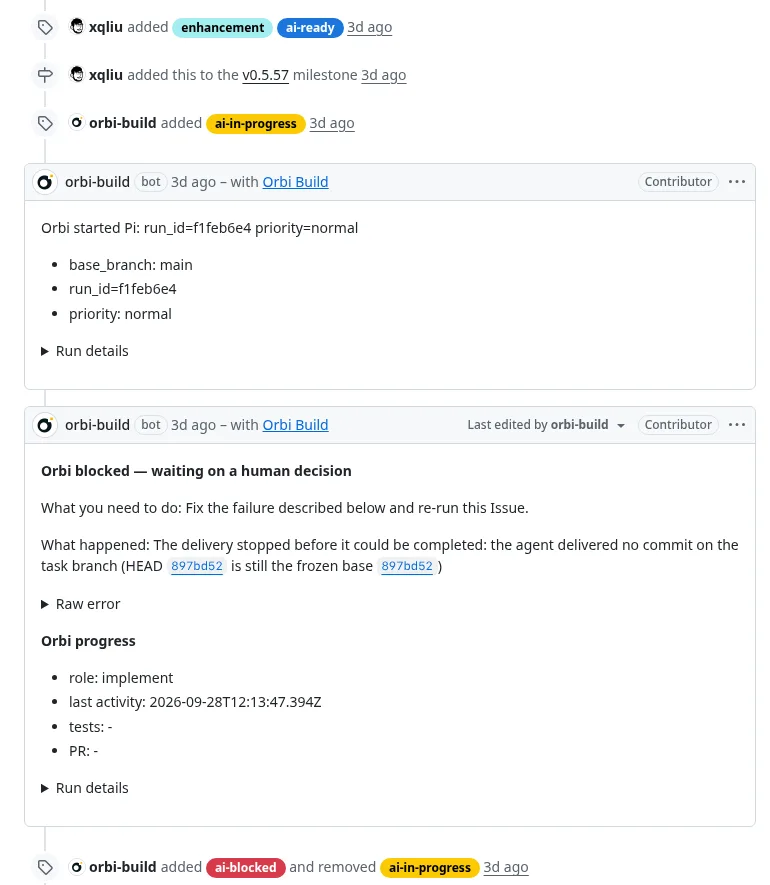 Issue #1482: Orbi started Pi, then posted "Orbi blocked — waiting on a human decision": the agent delivered no commit and HEAD is still the frozen base
