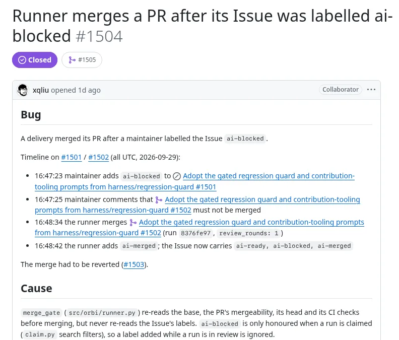 Issue #1504 on GitHub: the timeline of a merge that happened 71 seconds after a maintainer labelled the Issue ai-blocked, and the cause, merge_gate never re-reading the Issue's labels