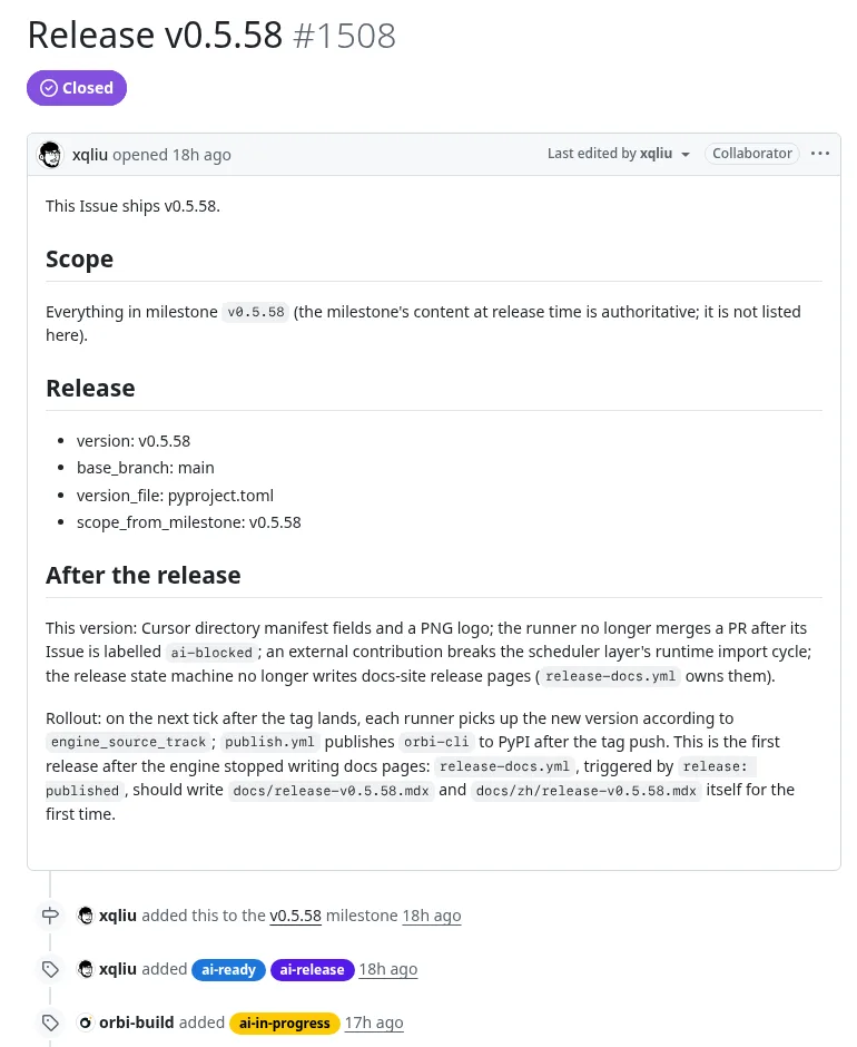 Issue #1508, Release v0.5.58: the scope is milestone v0.5.58, the Release block names version, base branch and version file, and Orbi claimed it with ai-in-progress