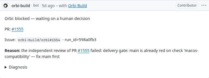 Orbi 在 Issue #1554 上的评论：blocked，等人决定，原因是合并前检查发现 main 在 macos-compatibility 检查上已经是红的